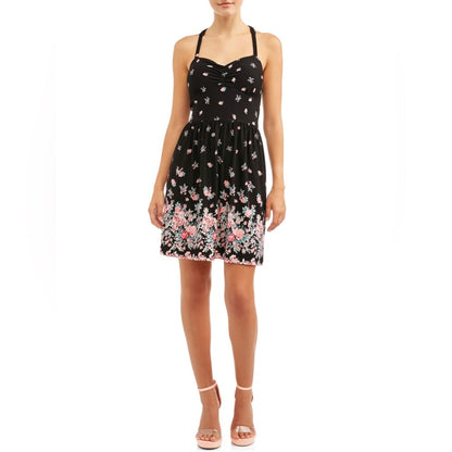 SIZE L No Boundaries Strapless Dress with Black and Pink Floral Design
