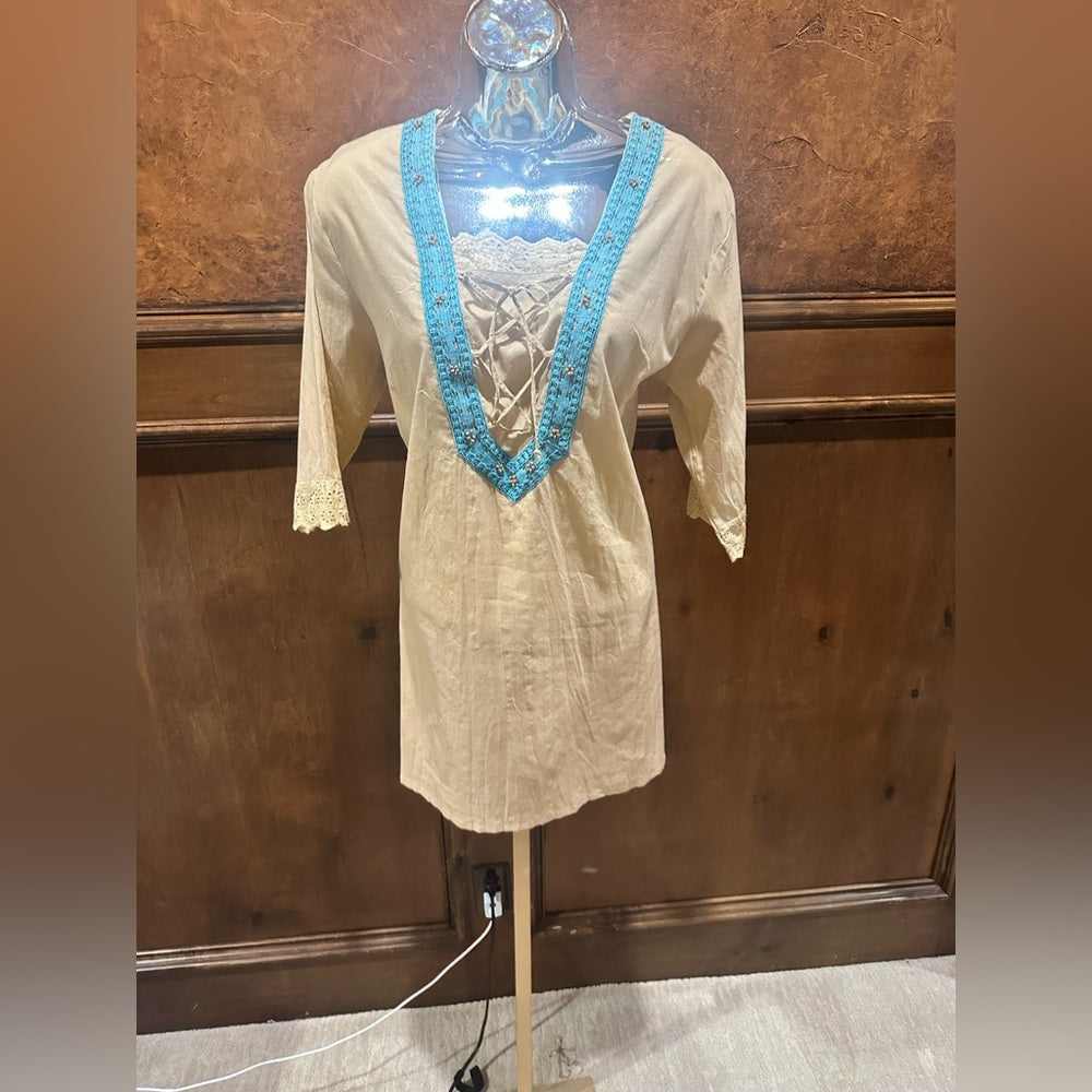 NWT SIZE S Elegant Beige Tunic with Blue Accents
