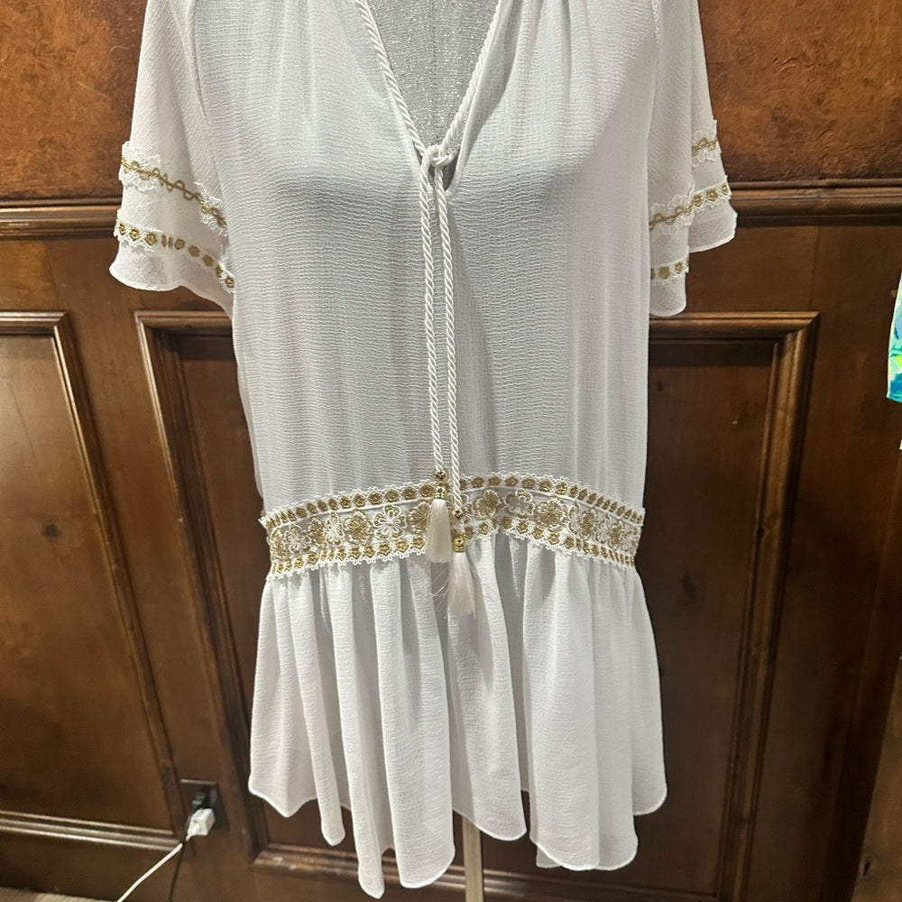 NWT SIZE XS WILL FIT UP TO A LARGE Ramy Brook Ivory Mini Dress w/ Golden Accents