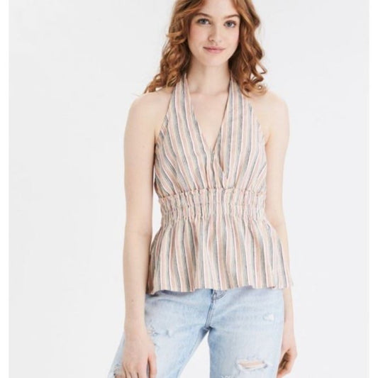 SIZE M American Eagle Striped Halter Top - Pink and Blue