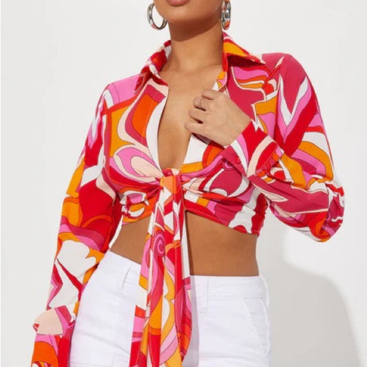 NWT SIZE S IMAN Women's Bold Pink and Orange Button Down Shirt