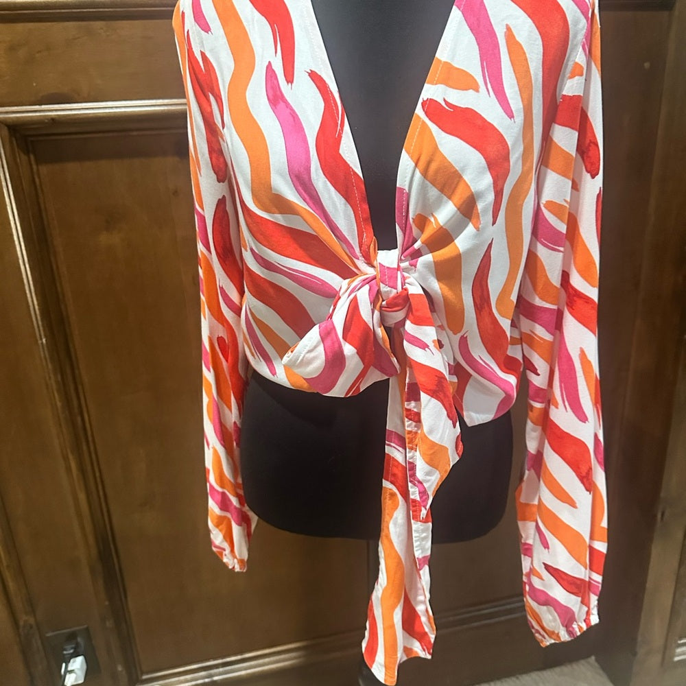 NWT SIZE S IMAN Women's Bold Pink and Orange Button Down Shirt