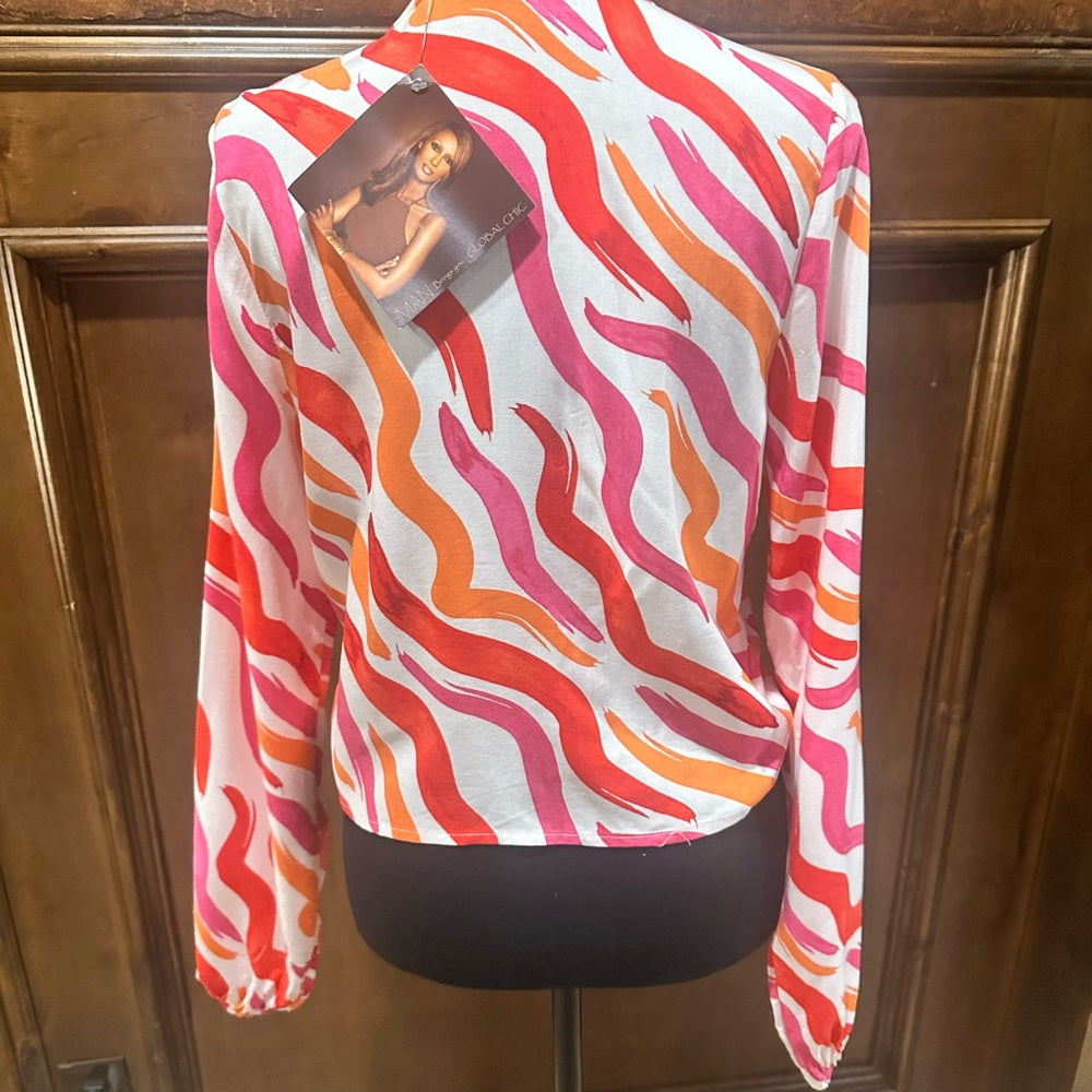 NWT SIZE S IMAN Women's Bold Pink and Orange Button Down Shirt