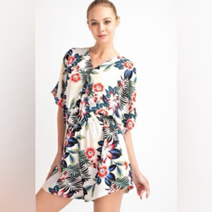 NWT SIZE L Easel Floral Print Romper - White, Red, Blue, Green