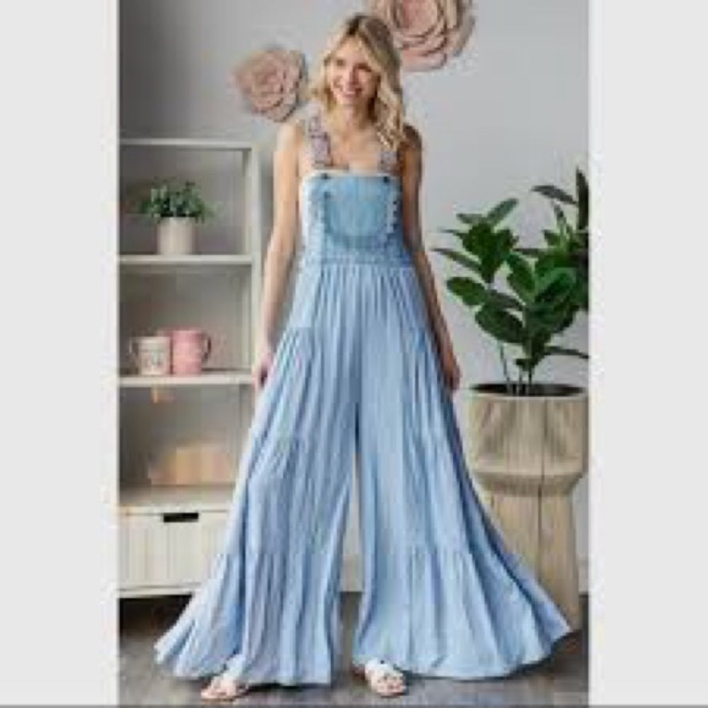 NWT SIZE L Elegant Sky Blue Ruffled Jumpsuit