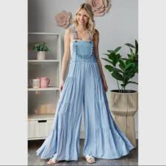 NWT SIZE L Elegant Sky Blue Ruffled Jumpsuit
