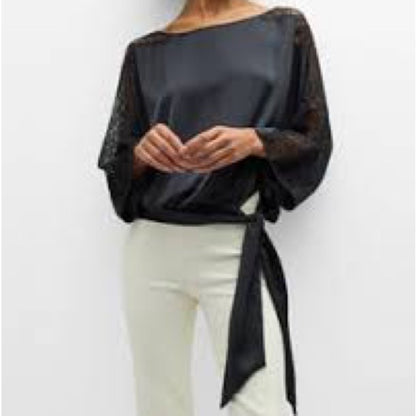 NWT SIZE S Ramy Brook Black Satin Blouse with Lace Sleeves