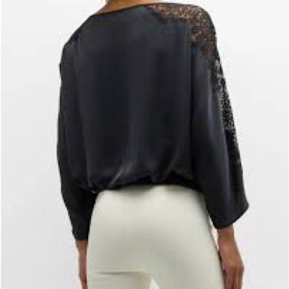 NWT SIZE S Ramy Brook Black Satin Blouse with Lace Sleeves