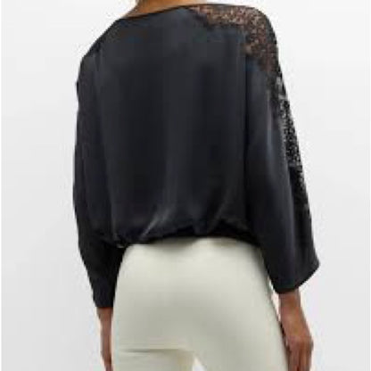 NWT SIZE S Ramy Brook Black Satin Blouse with Lace Sleeves