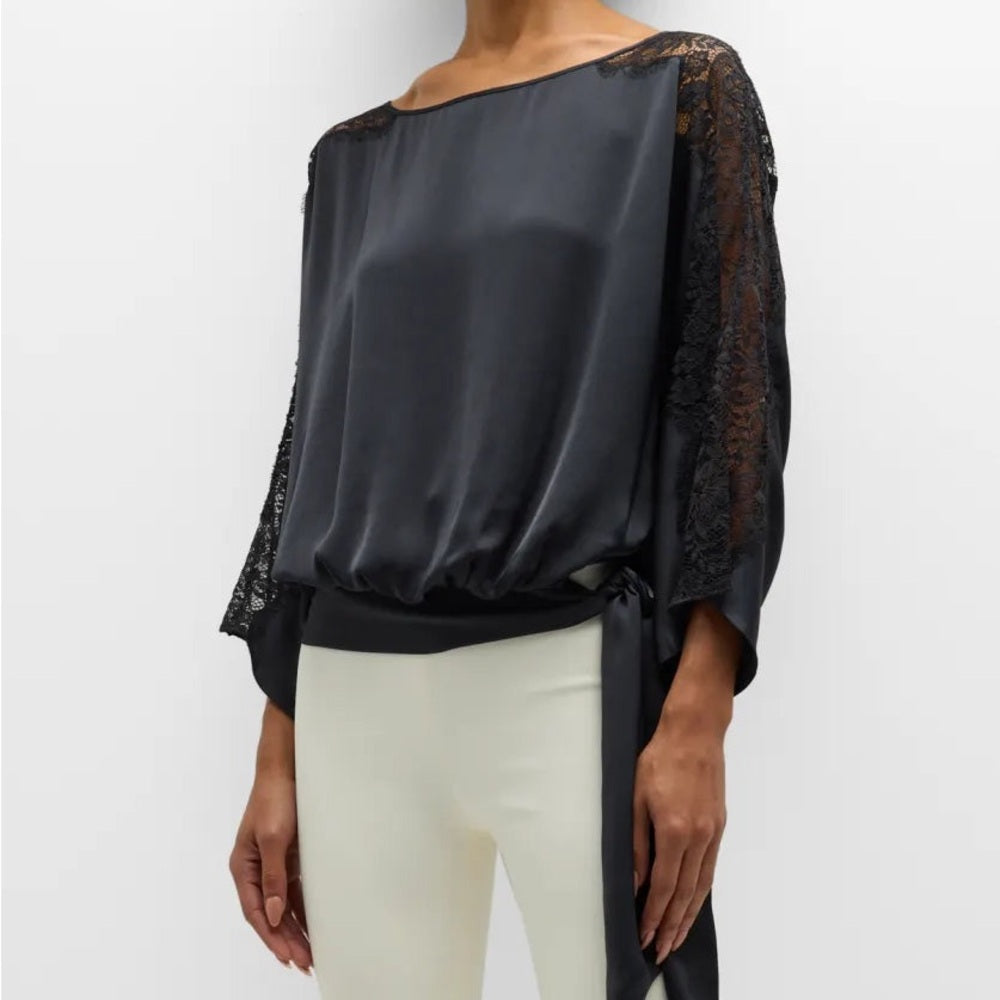 NWT SIZE S Ramy Brook Black Satin Blouse with Lace Sleeves