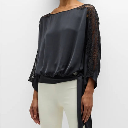 NWT SIZE S Ramy Brook Black Satin Blouse with Lace Sleeves