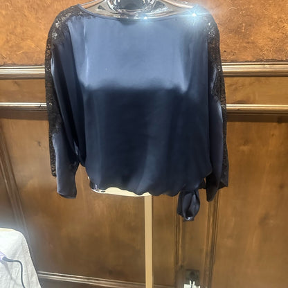 NWT SIZE S Ramy Brook Black Satin Blouse with Lace Sleeves