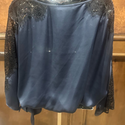 NWT SIZE S Ramy Brook Black Satin Blouse with Lace Sleeves