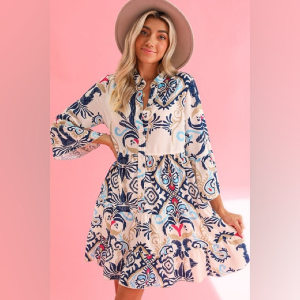 NWOT SIZE L Elegant Blue and White Midi Dress