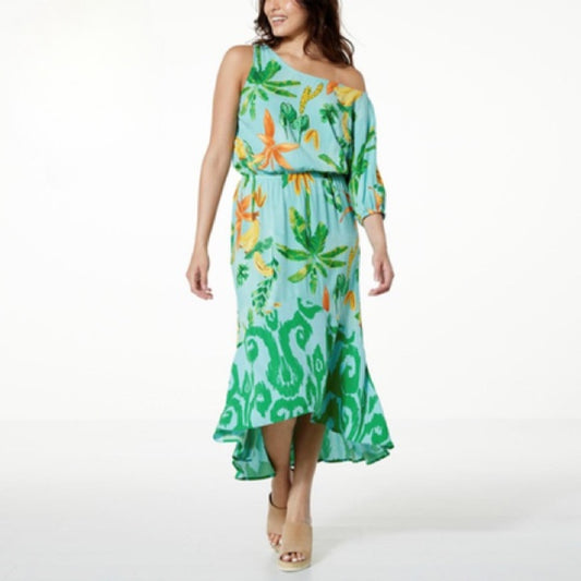 NWOT SIZE M G by Giuliana One Shoulder Dress with Tropical Green and Orange