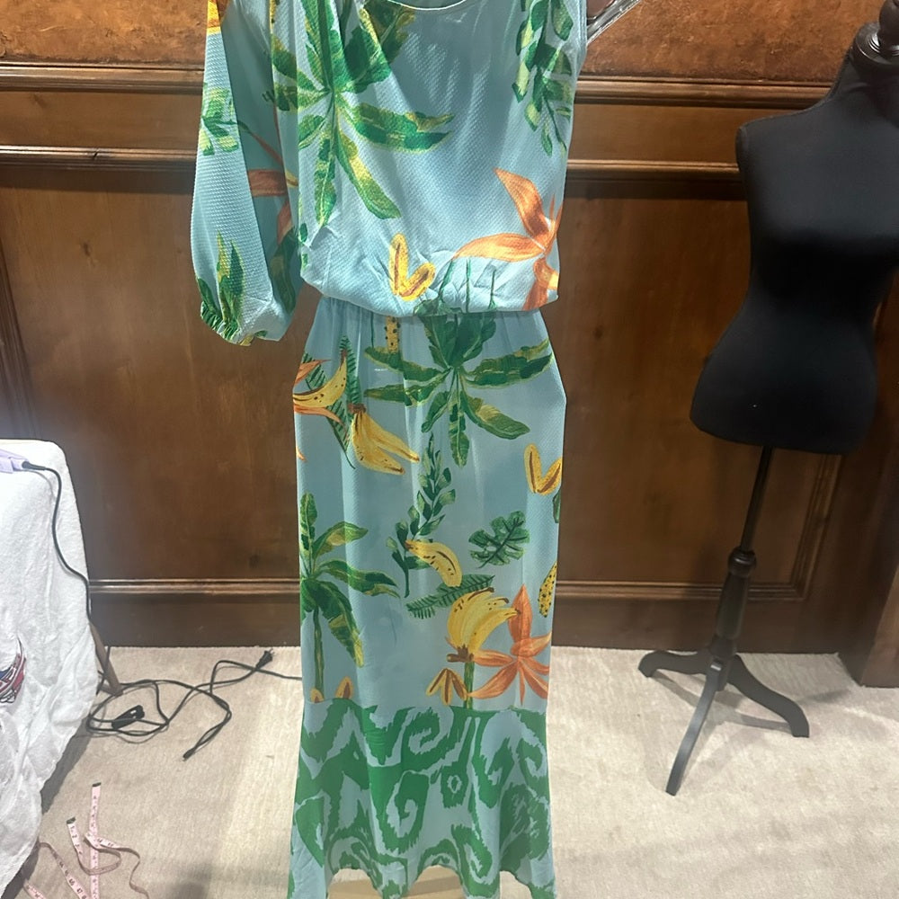 NWOT SIZE M G by Giuliana One Shoulder Dress with Tropical Green and Orange