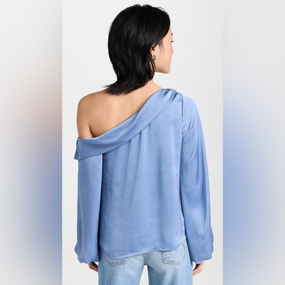 NWT SIZE S Ramy Brook One-Shoulder Satin Top in Light Blue