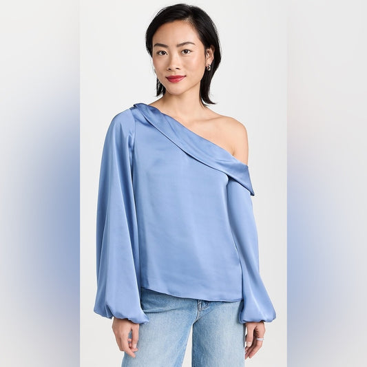 NWT SIZE S Ramy Brook One-Shoulder Satin Top in Light Blue