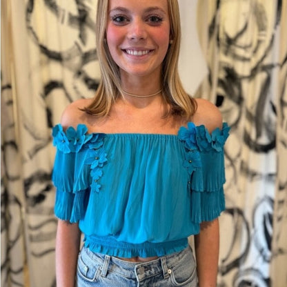 NWT SIZE XS Ramy Brook Blue Off-Shoulder Ruffle Blouse