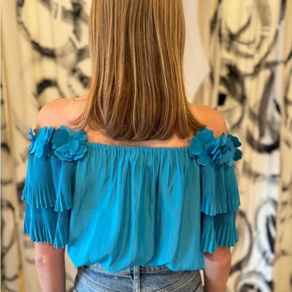 NWT SIZE XS Ramy Brook Blue Off-Shoulder Ruffle Blouse