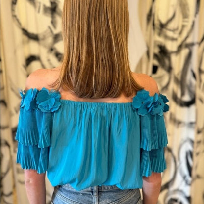 NWT SIZE XS Ramy Brook Blue Off-Shoulder Ruffle Blouse