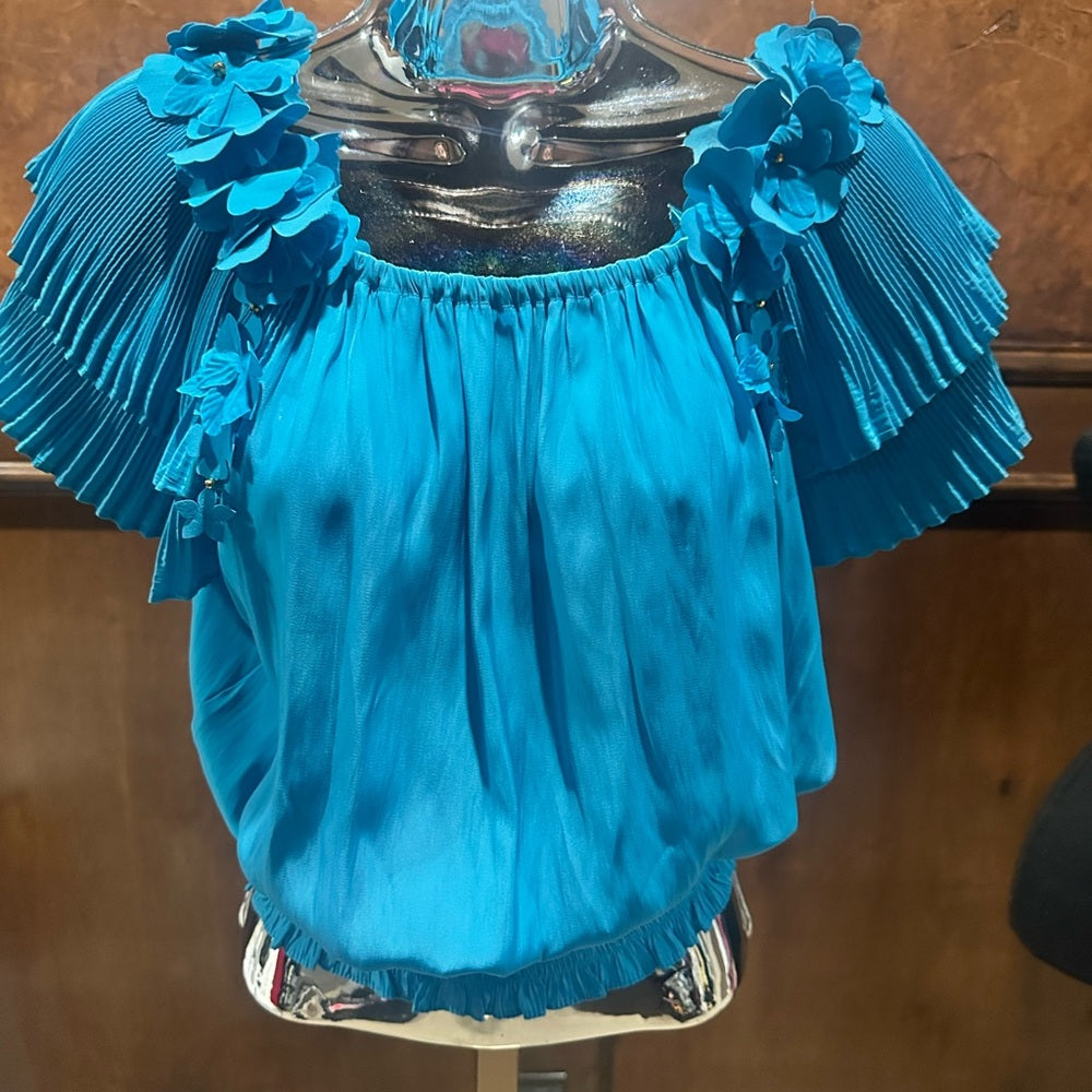 NWT SIZE XS Ramy Brook Blue Off-Shoulder Ruffle Blouse
