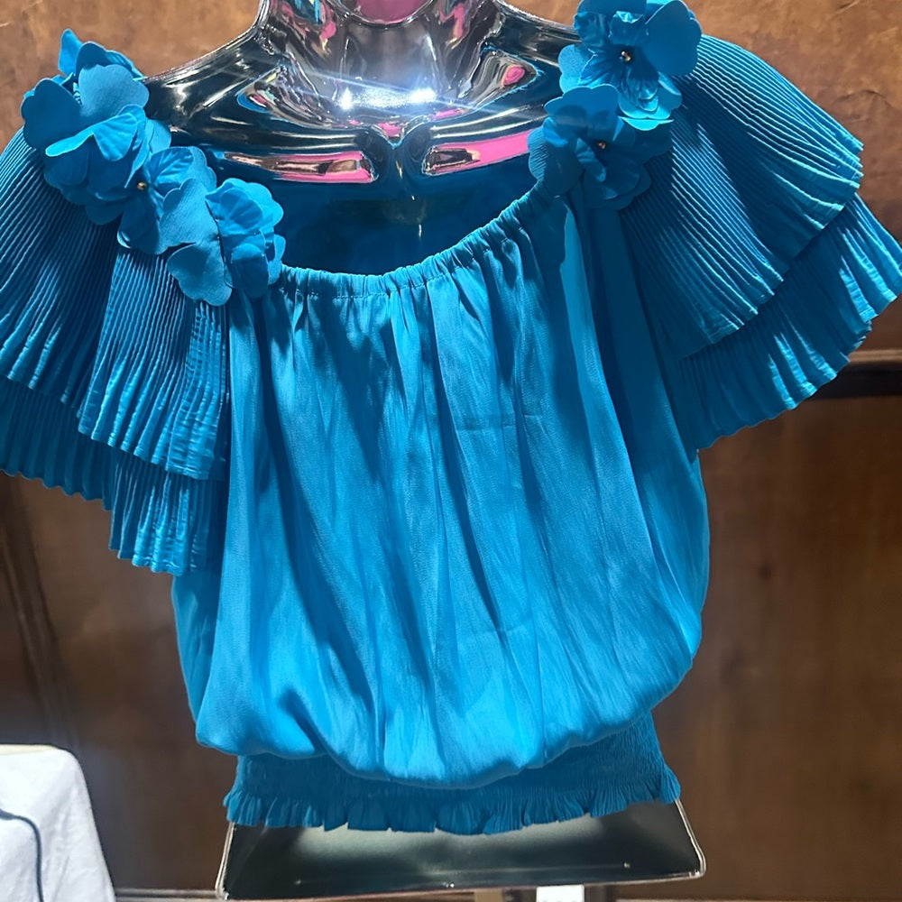 NWT SIZE XS Ramy Brook Blue Off-Shoulder Ruffle Blouse