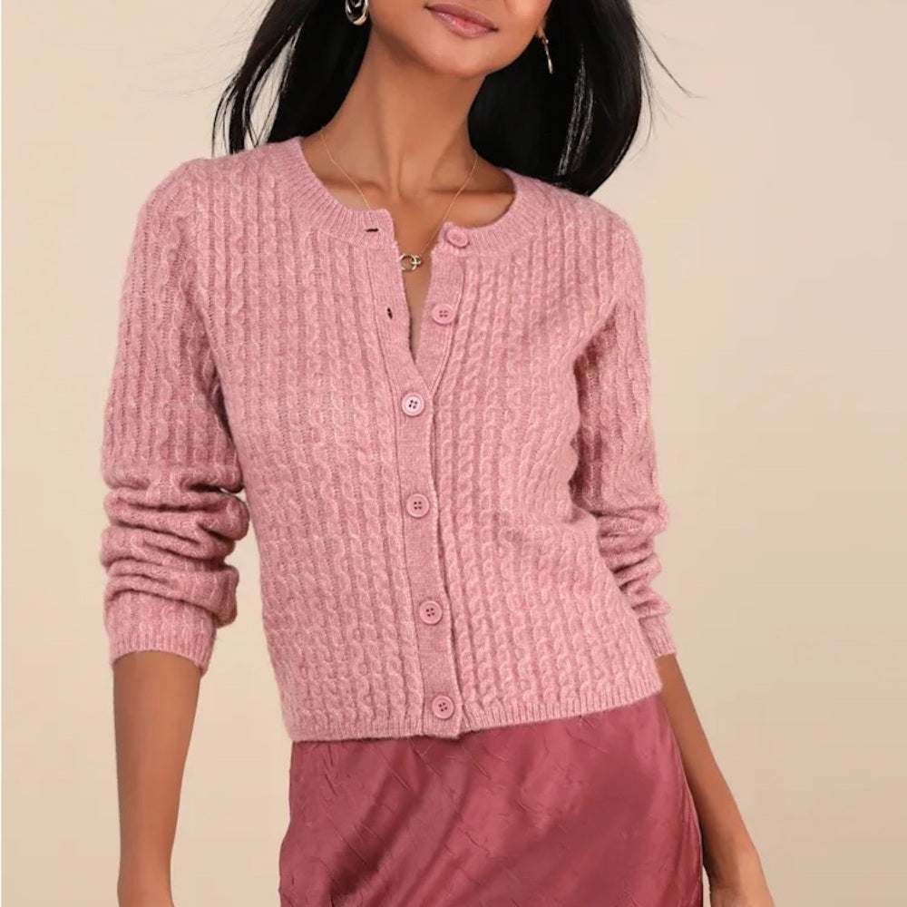 NWT SIZE XS Lulu's Dusty Pink Cable Knit Cardigan