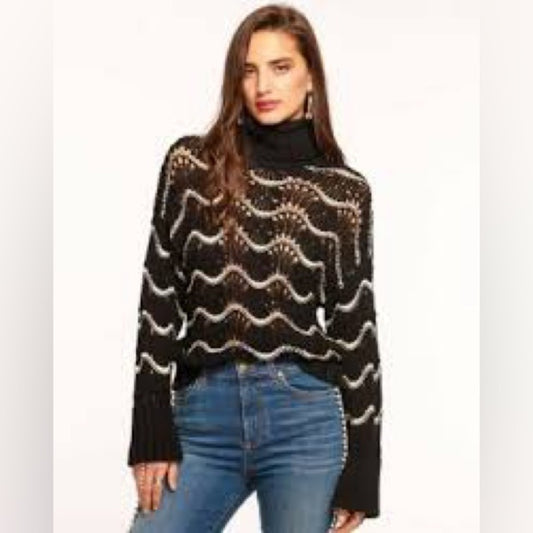 NWT SIZE L Ramy Brook Black and White Wave Turtleneck Sweater