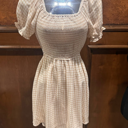 NWT SIZE XS Rachel Parcell Beige Checkered Puff Sleeve Mini Dress