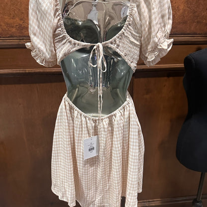 NWT SIZE XS Rachel Parcell Beige Checkered Puff Sleeve Mini Dress