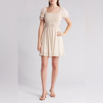 NWT SIZE XS Rachel Parcell Beige Checkered Puff Sleeve Mini Dress