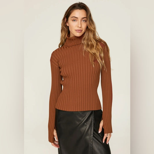 PRE-OWNED SIZE S will fit a medium Brown Ribbed Turtleneck Sweater