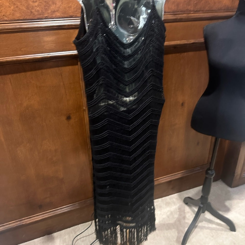 NWT SIZE XS/S 525 America Black Fringe Midi Dress