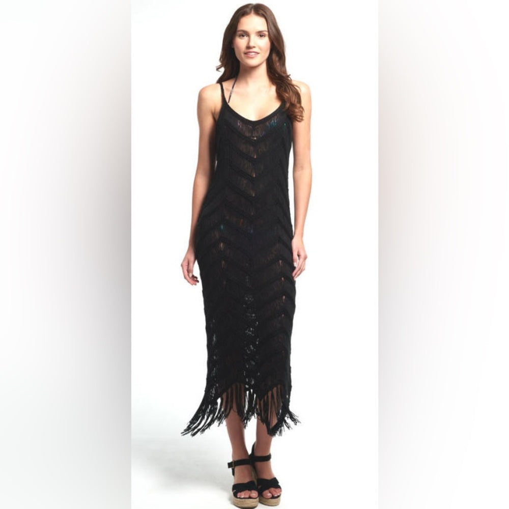 NWT SIZE XS/S 525 America Black Fringe Midi Dress