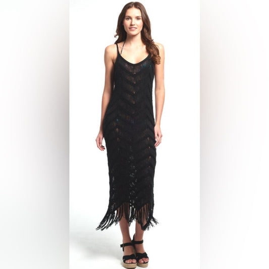 NWT SIZE XS/S 525 America Black Fringe Midi Dress