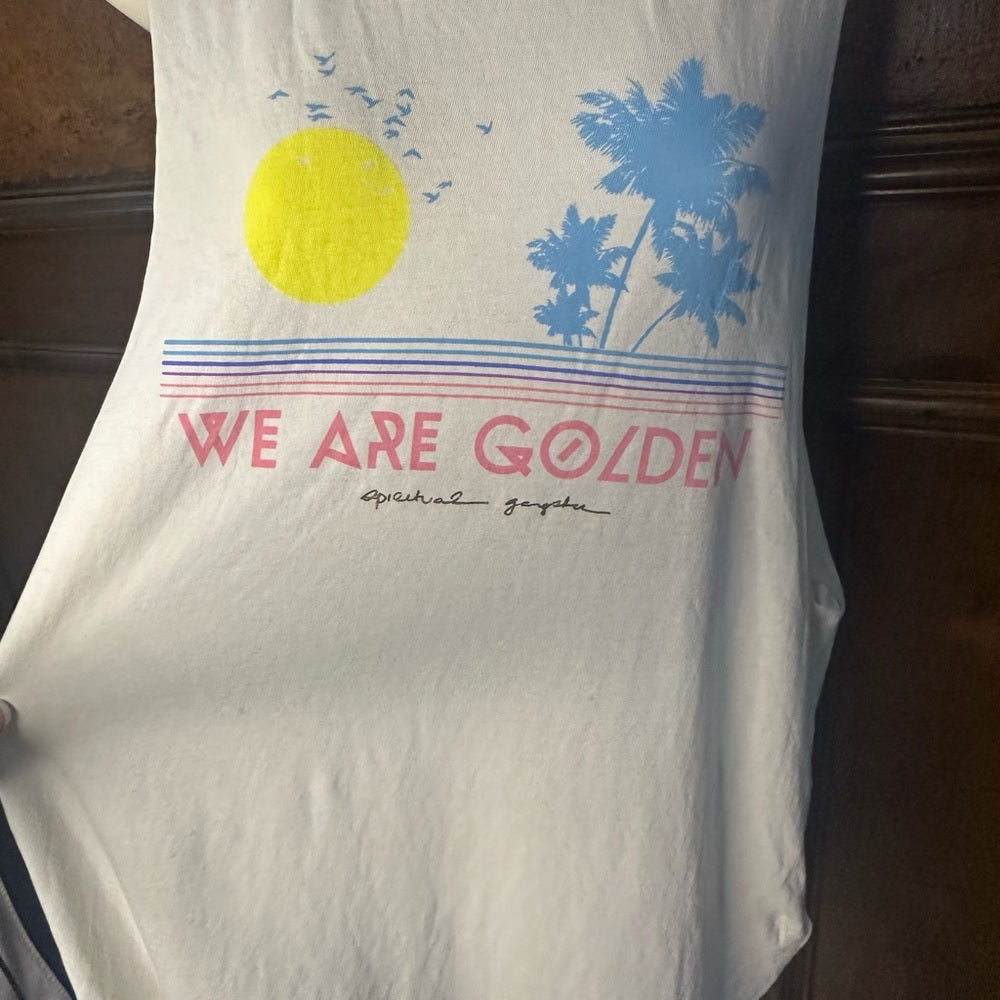 NWT SIZE L Spiritual Gangster Women's Muscle Tee - White with Blue and Yellow