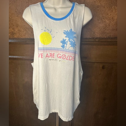 NWT SIZE L Spiritual Gangster Women's Muscle Tee - White with Blue and Yellow