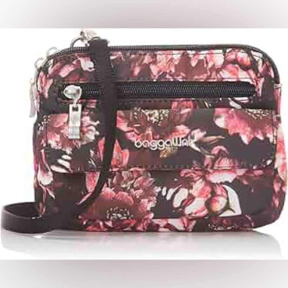 NWT SIZE OS Baggallini Floral Crossbody Bag in Pink and Black