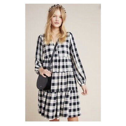 NWOT SIZE XL Maeve Plaid Long Sleeve Dress in Black and White
