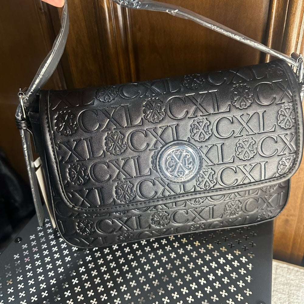NWT SIZE OS Christian Lacroix Black Embossed Shoulder Bag with Silver Accent