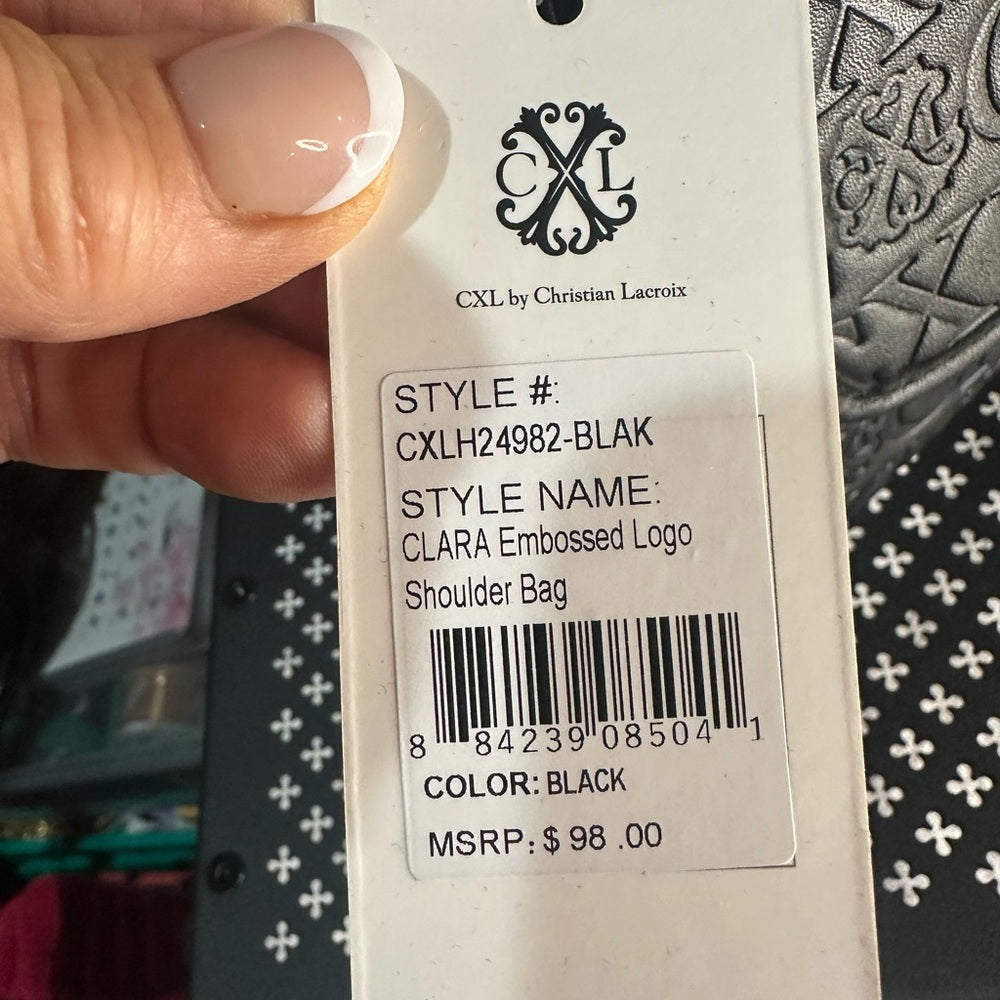 NWT SIZE OS Christian Lacroix Black Embossed Shoulder Bag with Silver Accent