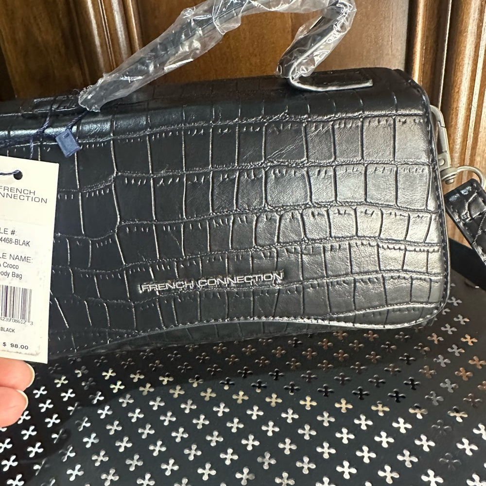 NWT SIZE OS French Connection Croc-Embossed Black Crossbody Bag