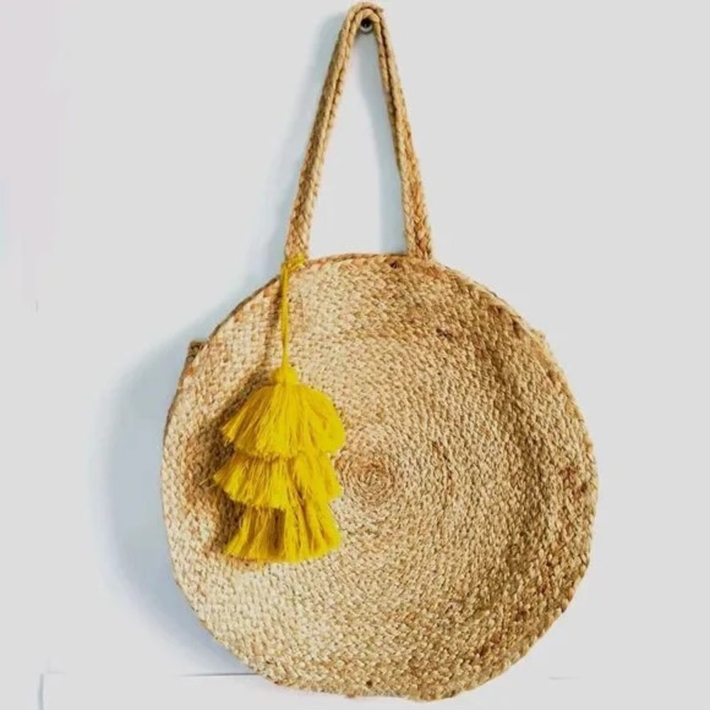 Stylish Tan Straw Tote with Yellow Tassel