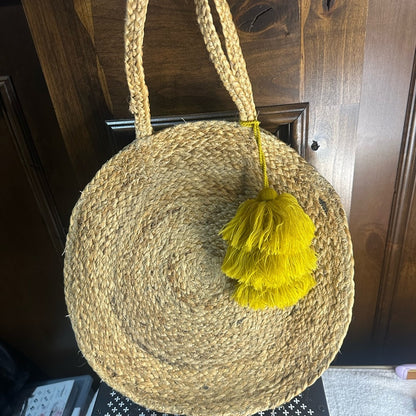 Stylish Tan Straw Tote with Yellow Tassel
