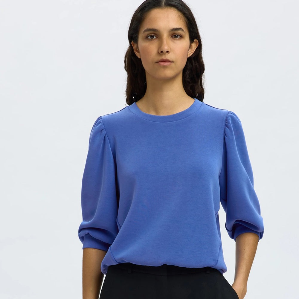 NWT SIZE 1/S Sundry Cobalt Blue Blouse with Puff Sleeves