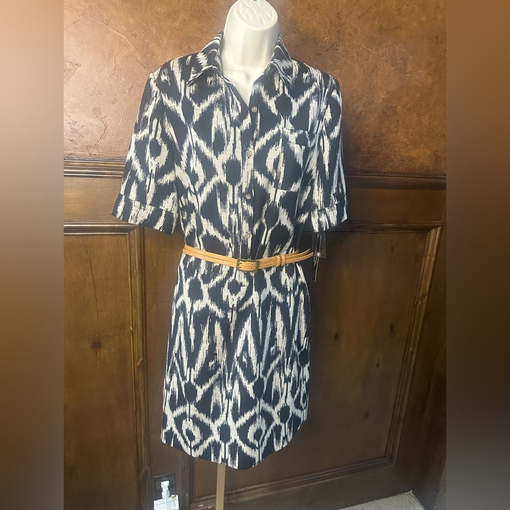 NWT SIZE 6 Tahari Black and White Patterned Dress with Tan Belt