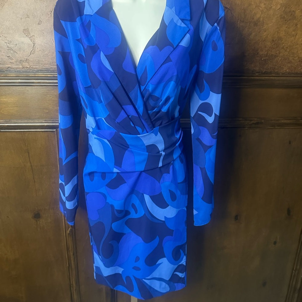 SIZE 12 Donna Morgan Blue and Black Patterned Long Sleeve Dress