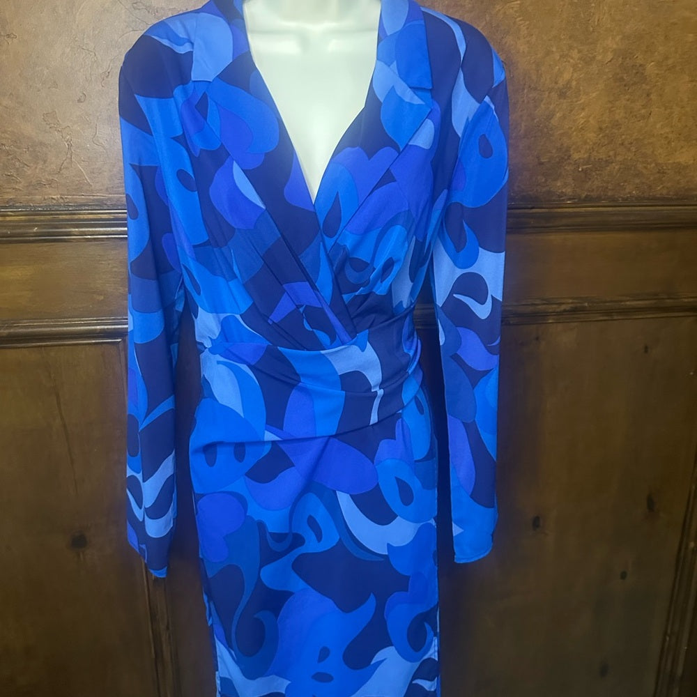 SIZE 12 Donna Morgan Blue and Black Patterned Long Sleeve Dress