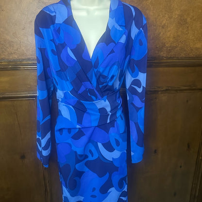 SIZE 12 Donna Morgan Blue and Black Patterned Long Sleeve Dress